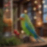 Well designed parakeet habitat with colorful decorations