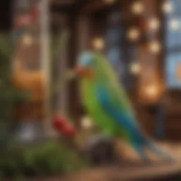 Well designed parakeet habitat with colorful decorations