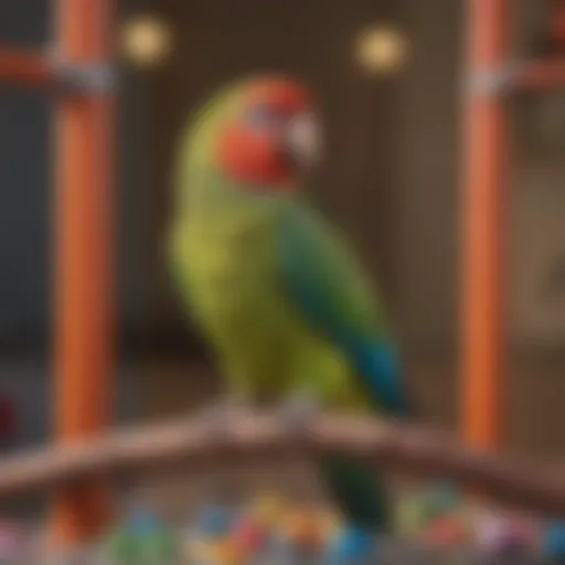 A colorful parakeet playing on a well-designed gym