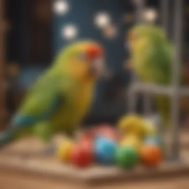Parakeet Engaging with Toys A parakeet engaging with various toys on a play gym