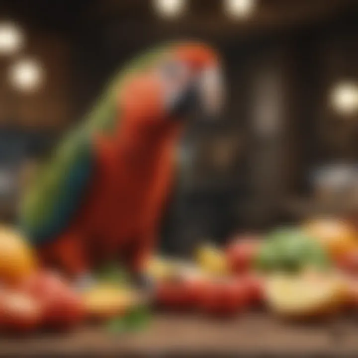 Parrot enjoying fresh fruits and vegetables