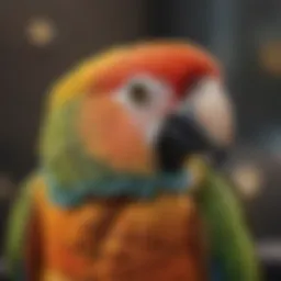 A close-up view of a high-tech pet bird tracker attached to a colorful parrot.