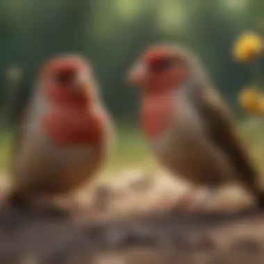 Two finches socializing and interacting with one another