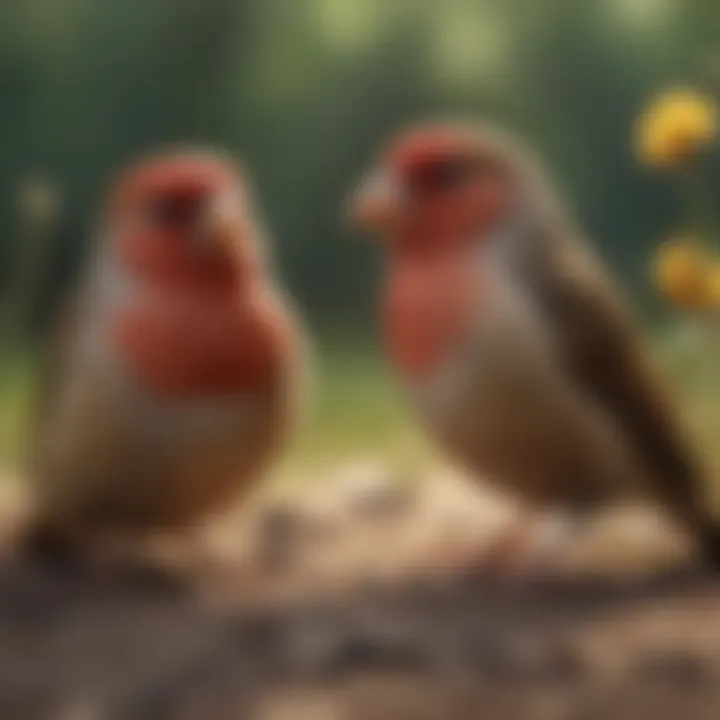 Two finches socializing and interacting with one another