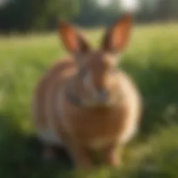 A variety of colorful pet rabbit breeds in a grassy field