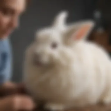 A serene scene of an English Angora rabbit being groomed