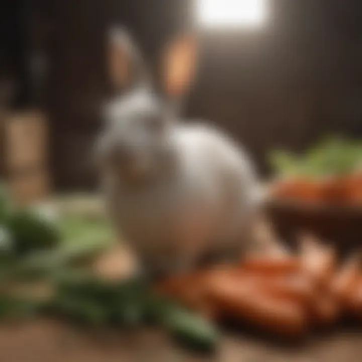 A selection of fresh vegetables and hay for rabbit nutrition.