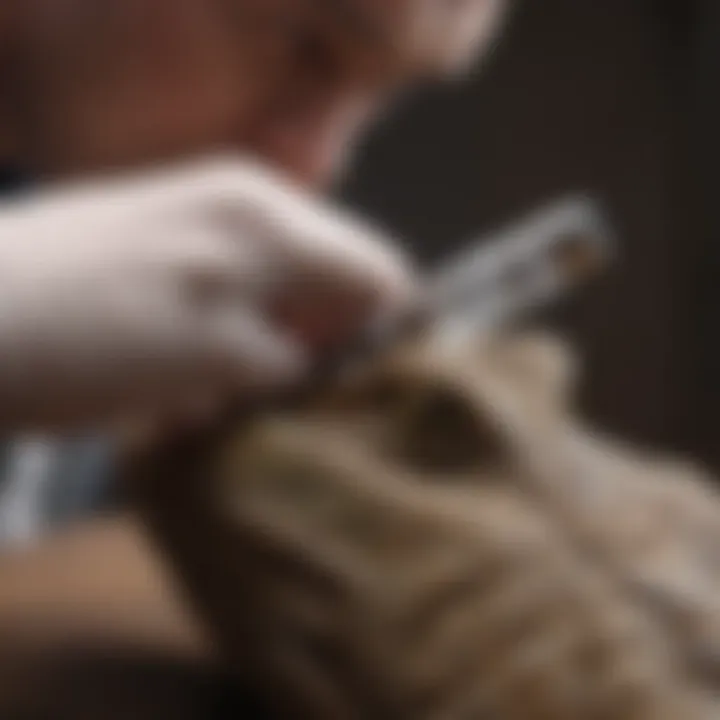 Close-up of a reptile being examined by a veterinarian