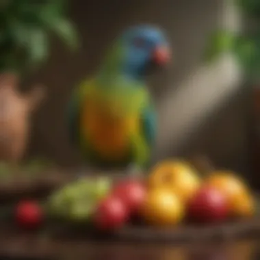 Colorful ringneck parrot perched on a branch with a variety of fresh fruits