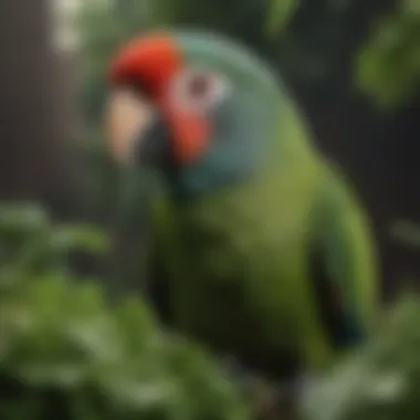 Close-up of a ringneck parrot enjoying a leafy green vegetable