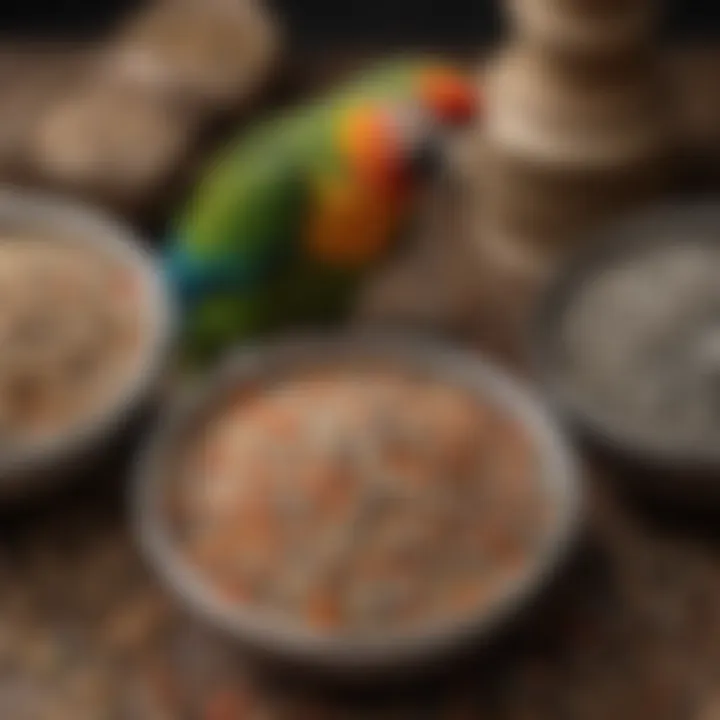 Assortment of seeds and pellets in bowls designed for ringneck parrots