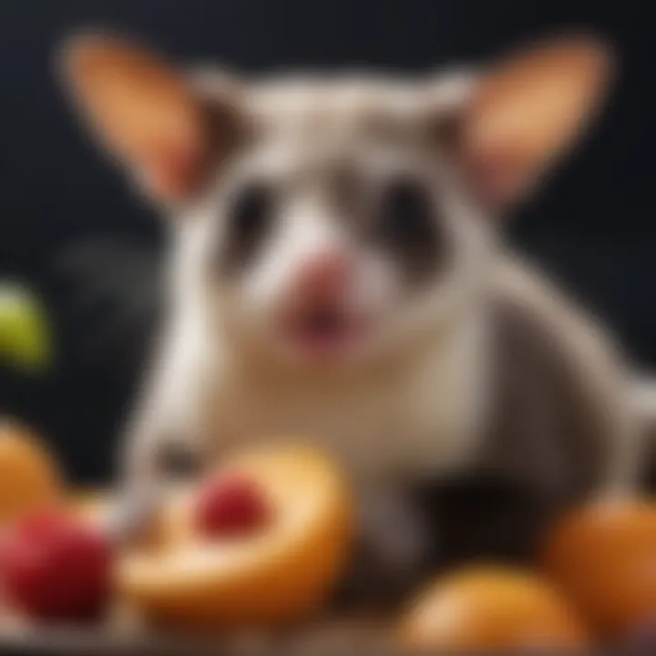 Close-up of a sugar glider eating a fruit treat