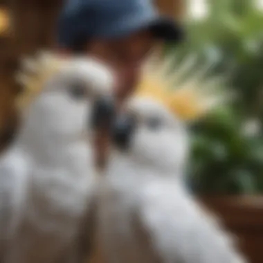 A serene scene of a cockatoo interacting with its owner