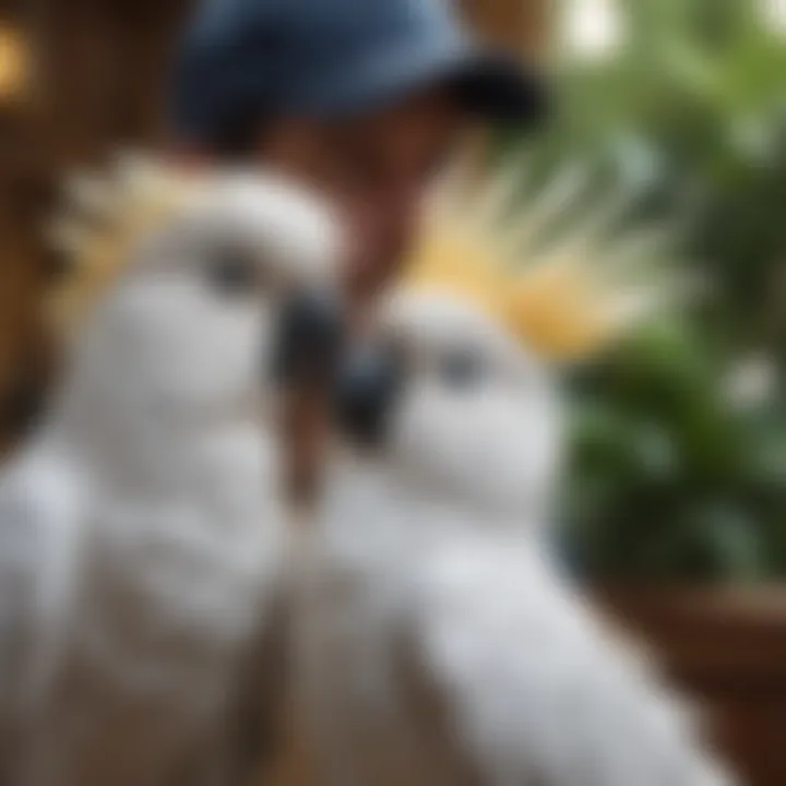 A serene scene of a cockatoo interacting with its owner