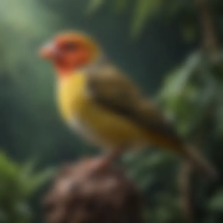 An elegant finch in a lush aviary setting