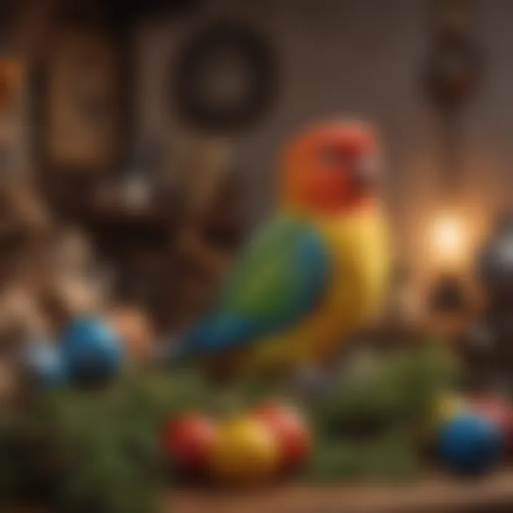 A cozy corner with a lovebird nestling with toys