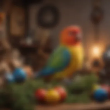Lovebird Nestling with Toys in a Cozy Corner A cozy corner with a lovebird nestling with toys