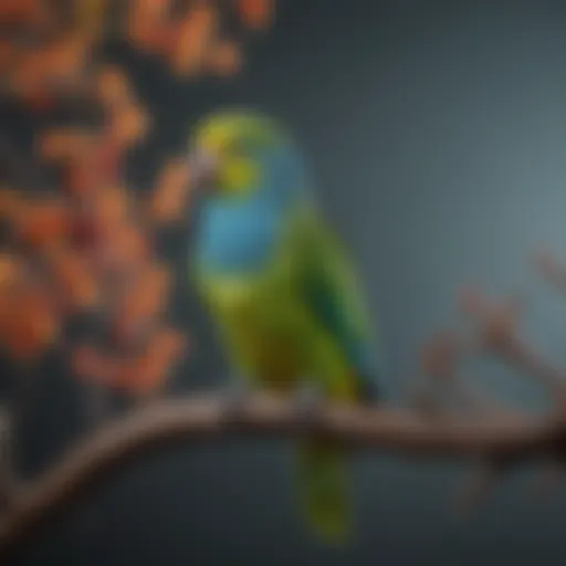 A vibrant parakeet perched on a colorful branch