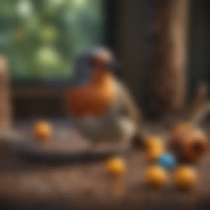An array of bird treats and toys designed for training purposes