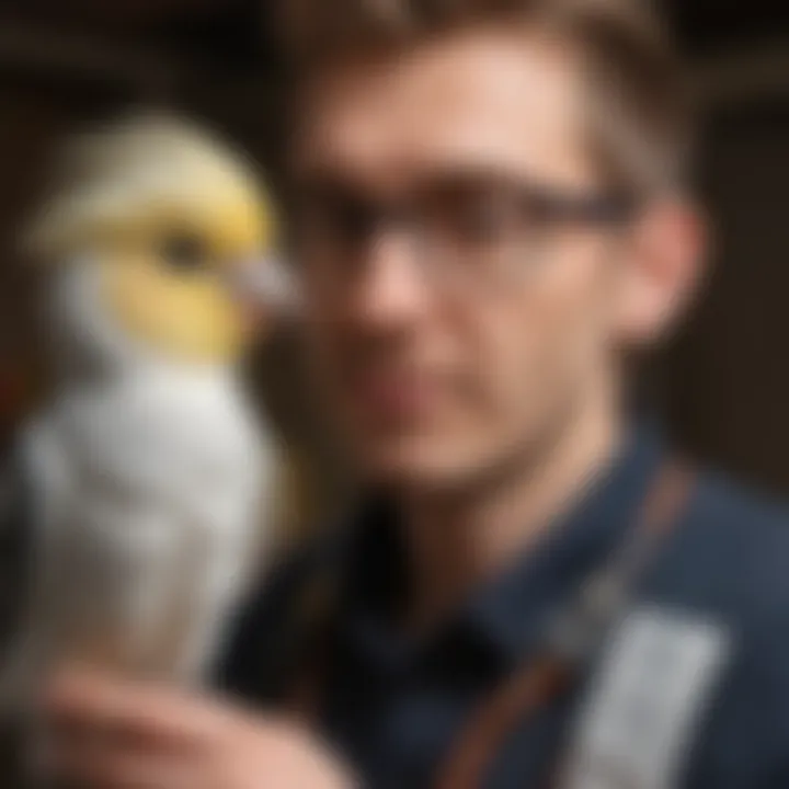 A trainer interacting with a cockatiel, demonstrating positive reinforcement techniques