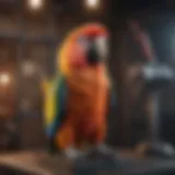 A parrot perched on a training stand, showcasing its vibrant plumage