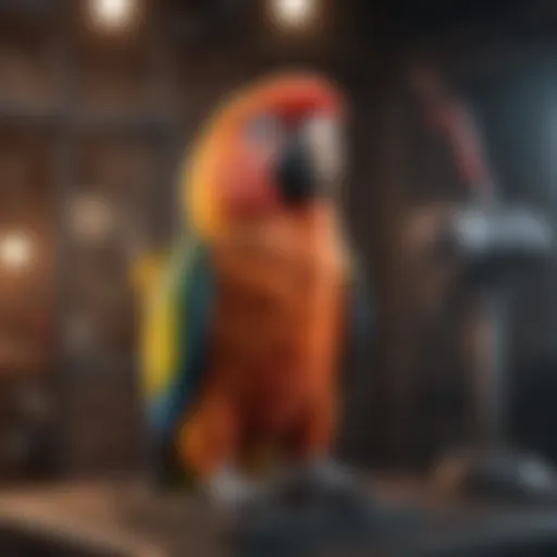 A parrot perched on a training stand, showcasing its vibrant plumage