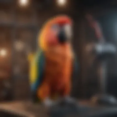 Vibrant Parrot Training Setup A parrot perched on a training stand, showcasing its vibrant plumage
