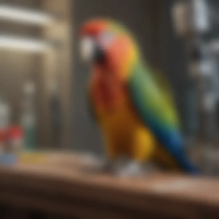 A veterinarian examining a colorful parrot during a check-up