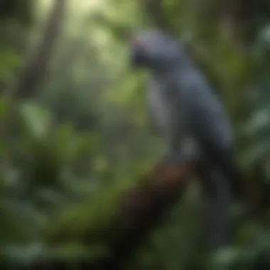 An African Gray Parrot in its natural habitat, surrounded by lush greenery