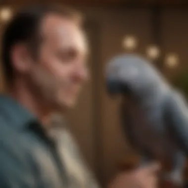 An African Gray Parrot interacting with its owner, demonstrating intelligence