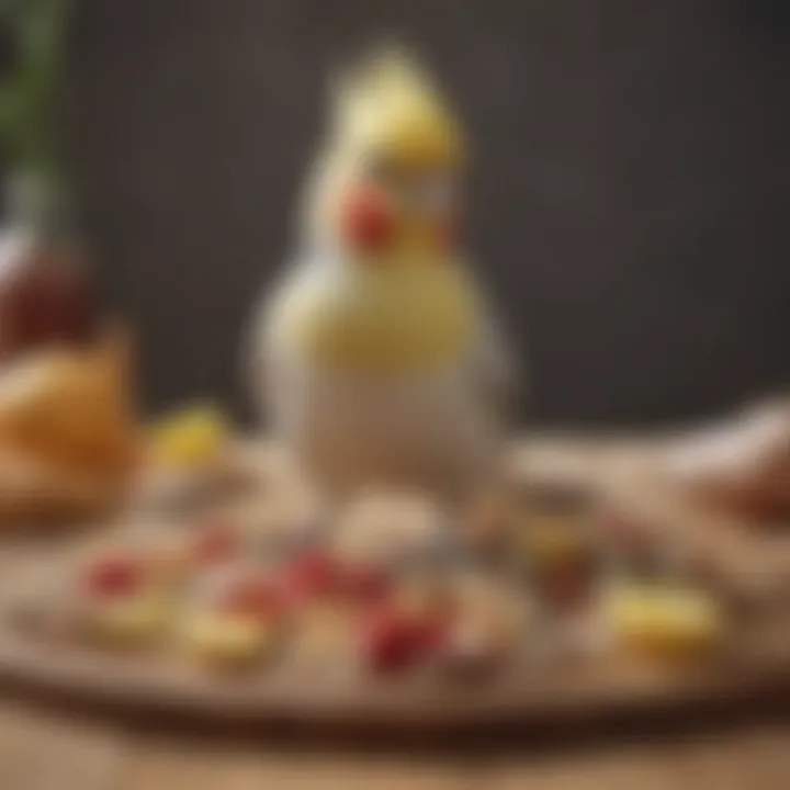 A colorful array of cockatiel food options, emphasizing their dietary needs.