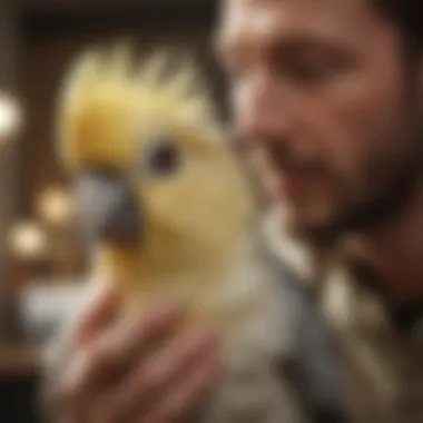 A close-up of a cockatiel interacting with its owner, highlighting its social nature.