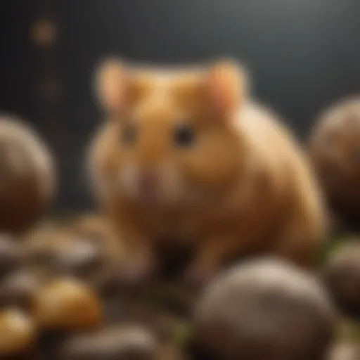 A close-up of a golden hamster exploring its enclosure