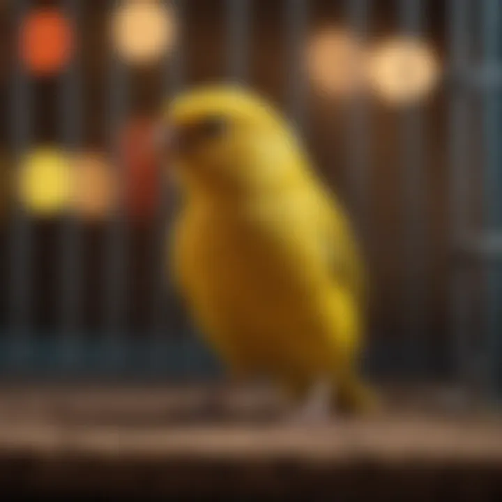 A close-up of a canary in its colorful cage