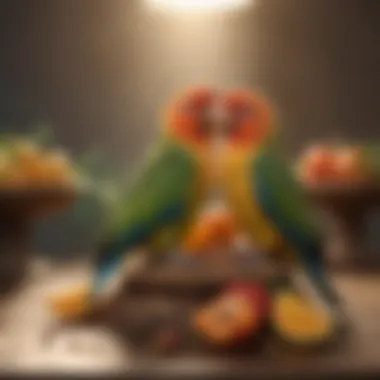 An array of fruits and seeds specifically chosen for lovebirds, emphasizing their dietary preferences.