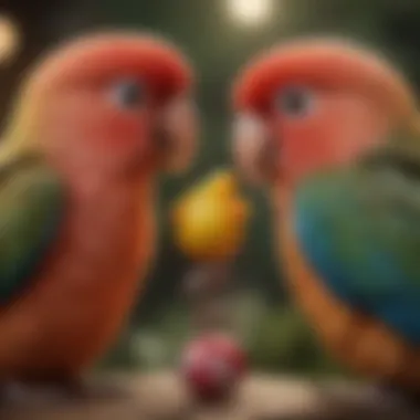 A close-up of lovebirds interacting with toys, highlighting their playful nature and intelligence.