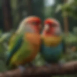 A pair of lovebirds nestled together, showcasing their vibrant colors and affectionate behavior.