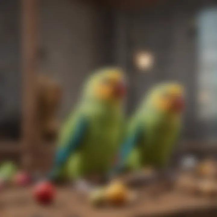 A cozy and well-equipped parakeet cage showcasing various toys and perches