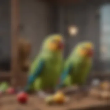 Well-Equipped Parakeet Cage A cozy and well-equipped parakeet cage showcasing various toys and perches