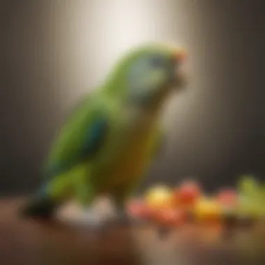 A colorful assortment of healthy parakeet food options including seeds and fresh fruits