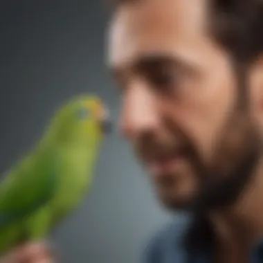 A joyful interaction between a parakeet and its owner emphasizing companionship
