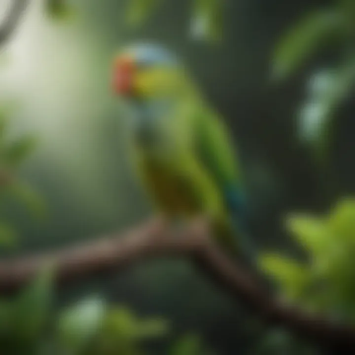 A vibrant parakeet perched on a branch surrounded by lush greenery