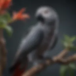 A vibrant Congo African Grey parrot perched on a branch, showcasing its stunning plumage.
