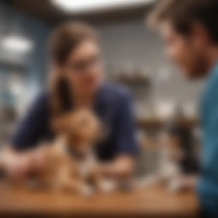 A pet owner discussing health care options with a veterinary professional