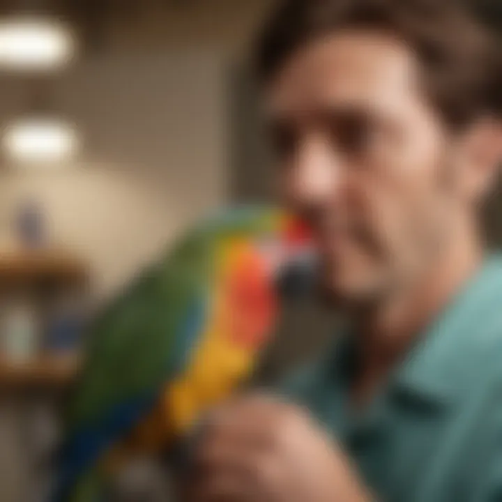A parrot perched on a veterinarian's shoulder during a check-up
