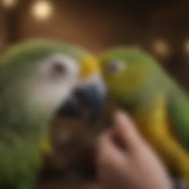 Close-up of an Amazon parrot interacting with its owner