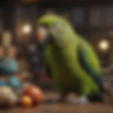 Amazon parrot in a playful setting surrounded by toys