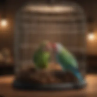 Cozy Parakeet Habitat A cozy birdcage set up for parakeets with toys and perches