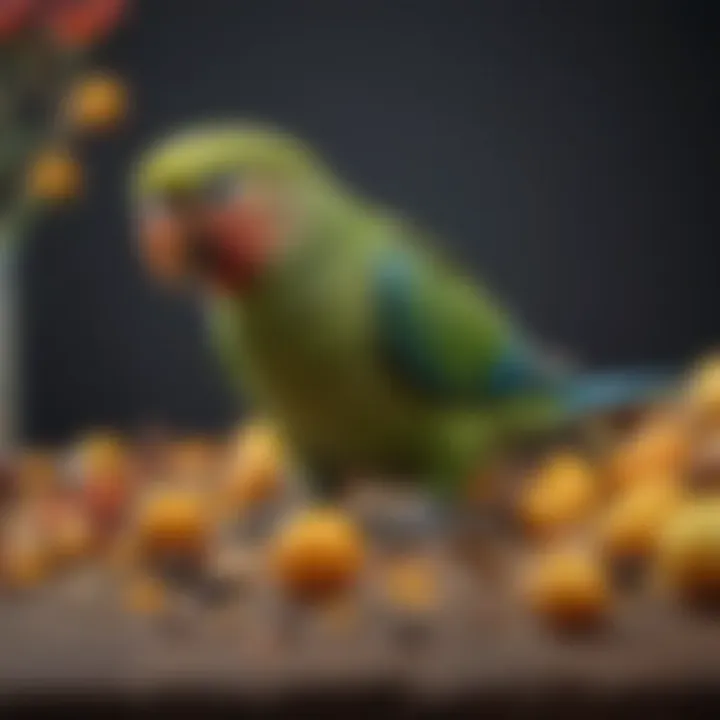A colorful array of seeds and fresh fruits for parakeet diet