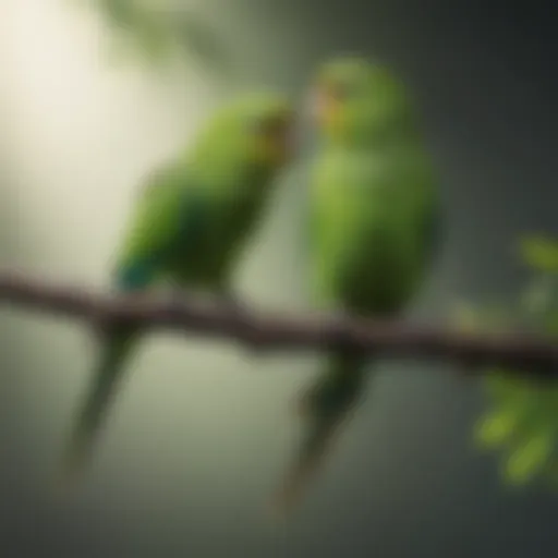 A vibrant green parakeet perched on a branch